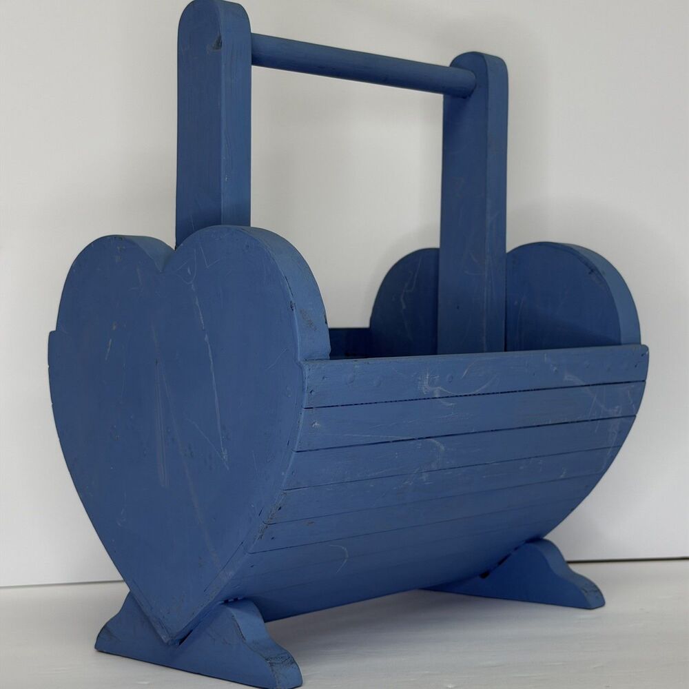 Heart Shaped Basket Wooden Vintage with Handle Sturdy Magazine Rack Cottage Core